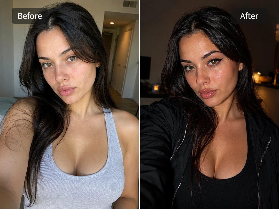 Show selfie transformation into a confident baddie filter look