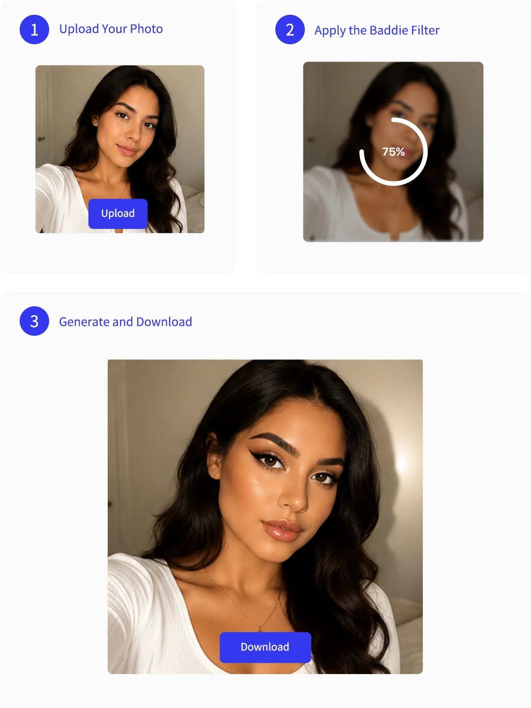 Create a baddie filter photo in three simple upload steps
