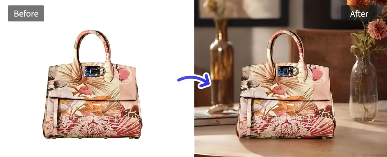 Handbag with natural shadow on AI-generated home background for realistic product photography