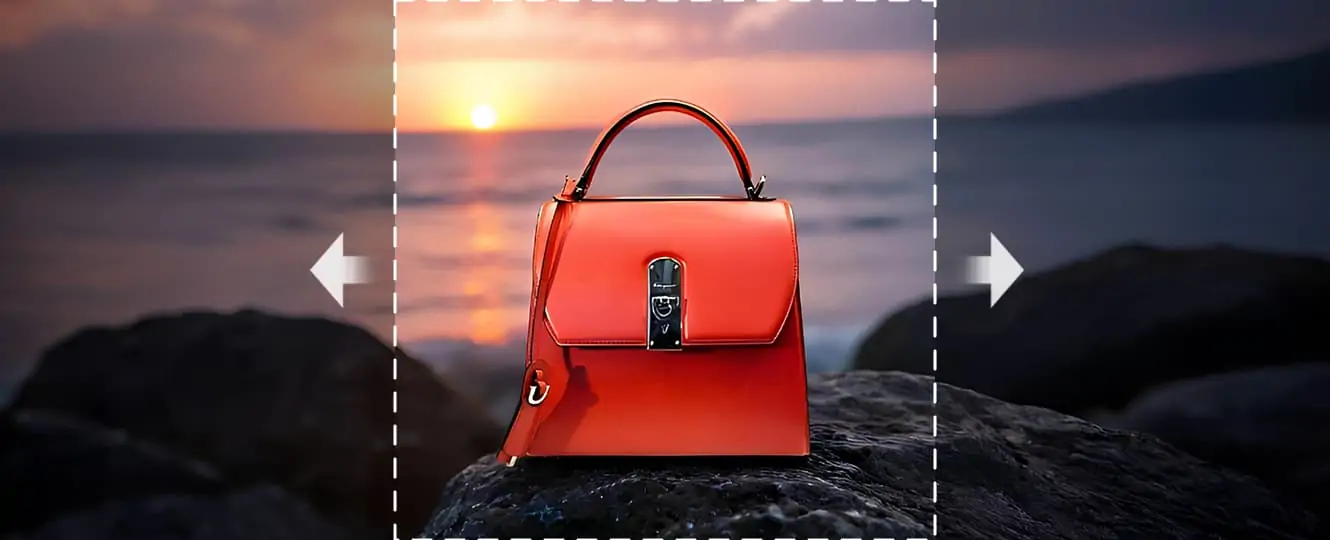 Handbag on wide seamless AI-generated background, showing image upscale and natural extension