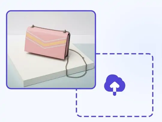 Three-step transformation of handbag: original, background removed, and AI-generated background.