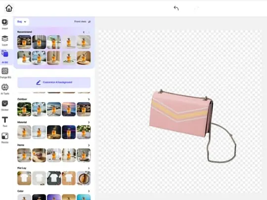 Handbag before and after AI background removal, showing transparent background effect.
