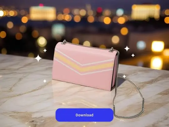 Handbag on AI-generated modern background, showing final ecommerce-ready product image.