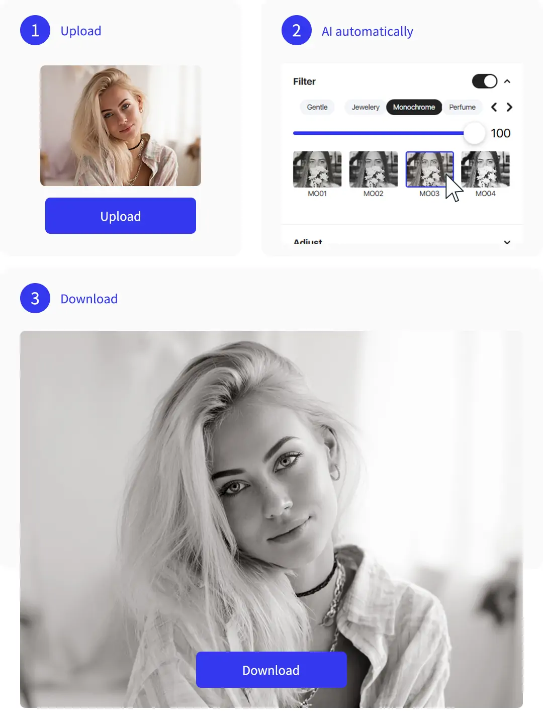 Step-by-step UI showing photo upload, black and white filter application, and high-res image download options