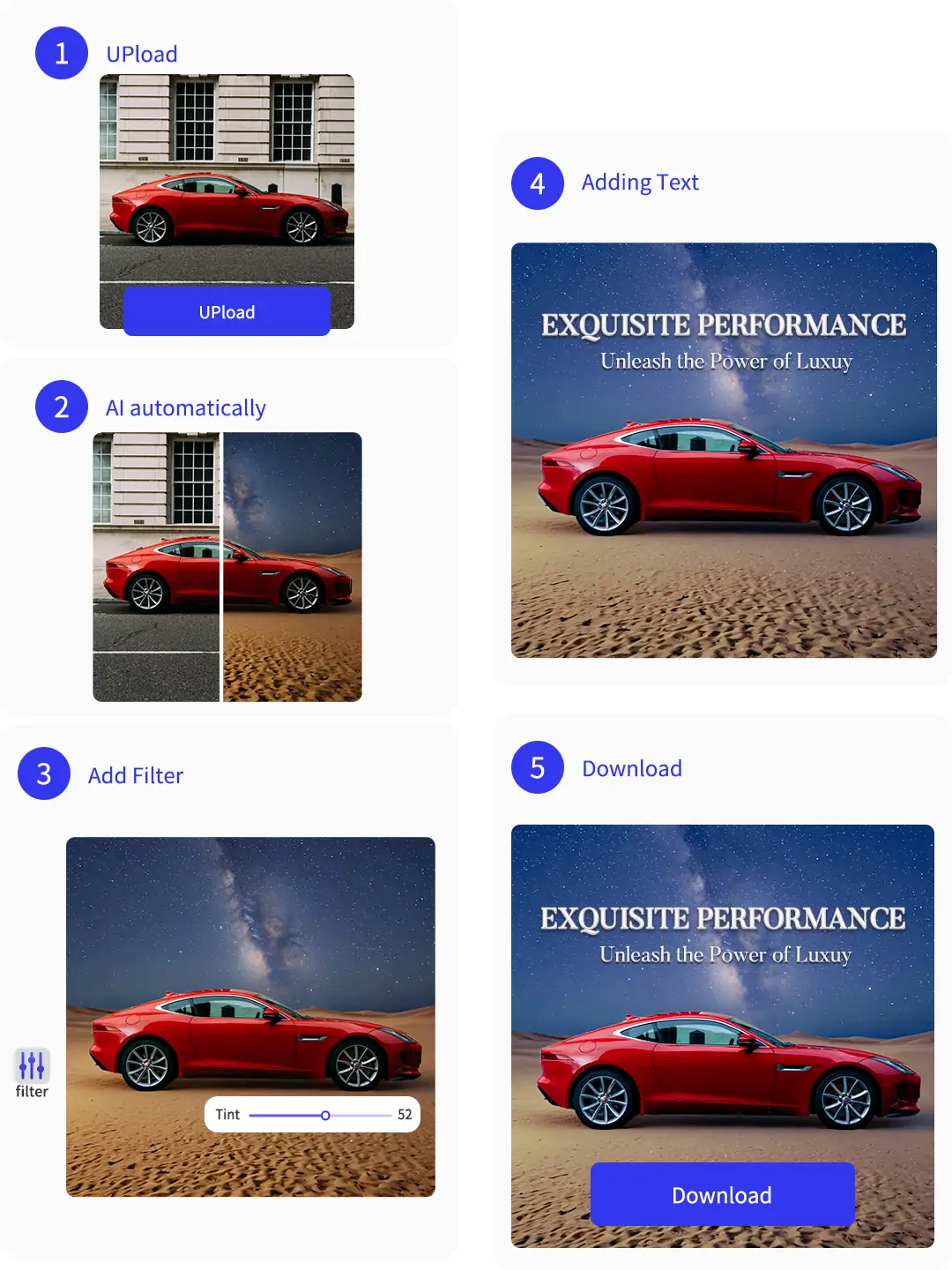 The process of using Pokecut car photo editor to edit the car photos