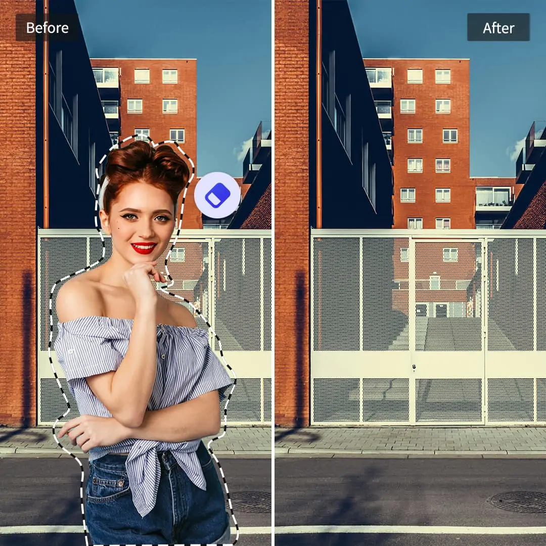 AI clone stamp tool removes unwanted people from a city street photo