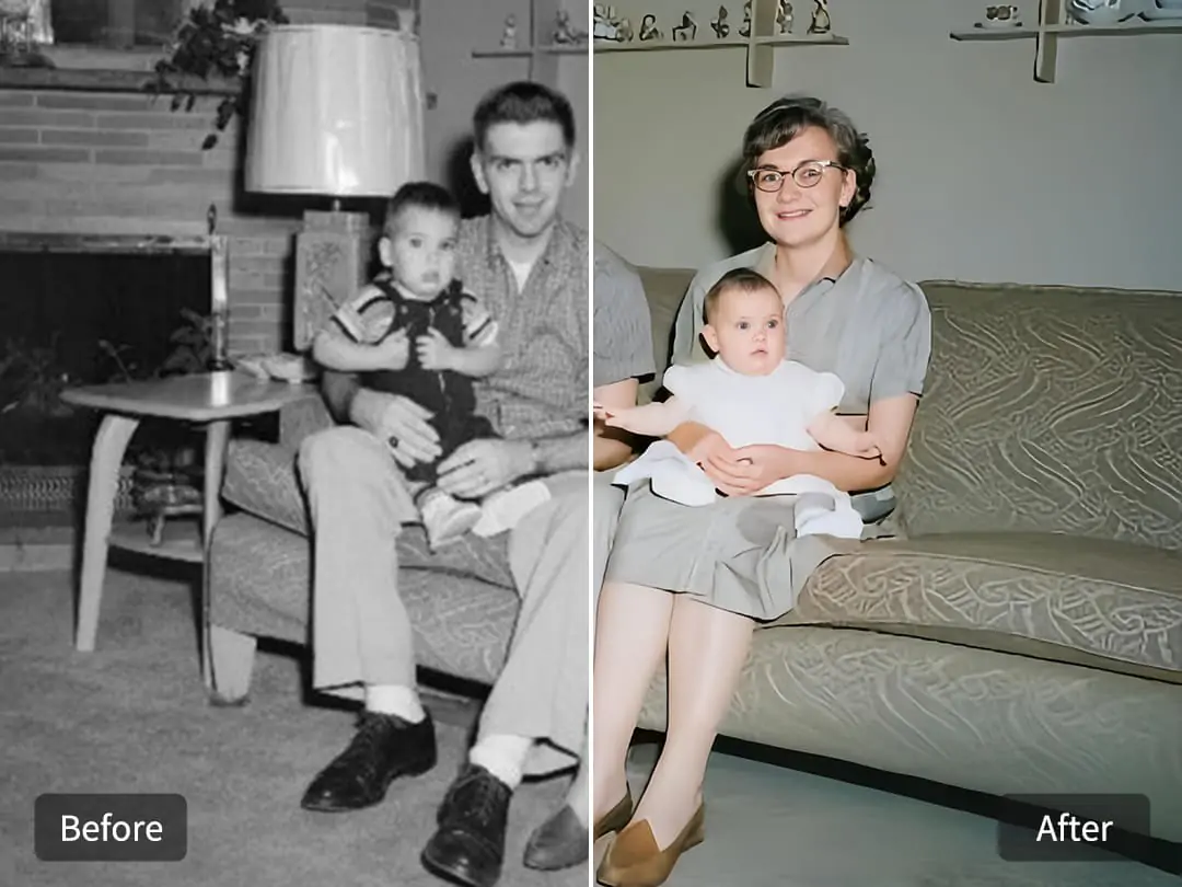 A group portrait photo showing before and after AI colorization and face enhancement. Faces appear clearer and colors are vivid.