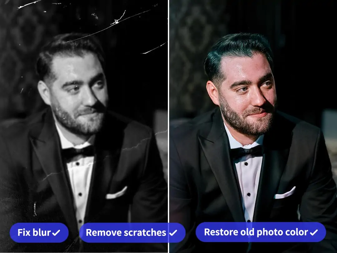 Two old photos, a damaged portrait and a blurry landscape, are restored and colorized by AI with vivid colors and enhanced clarity.