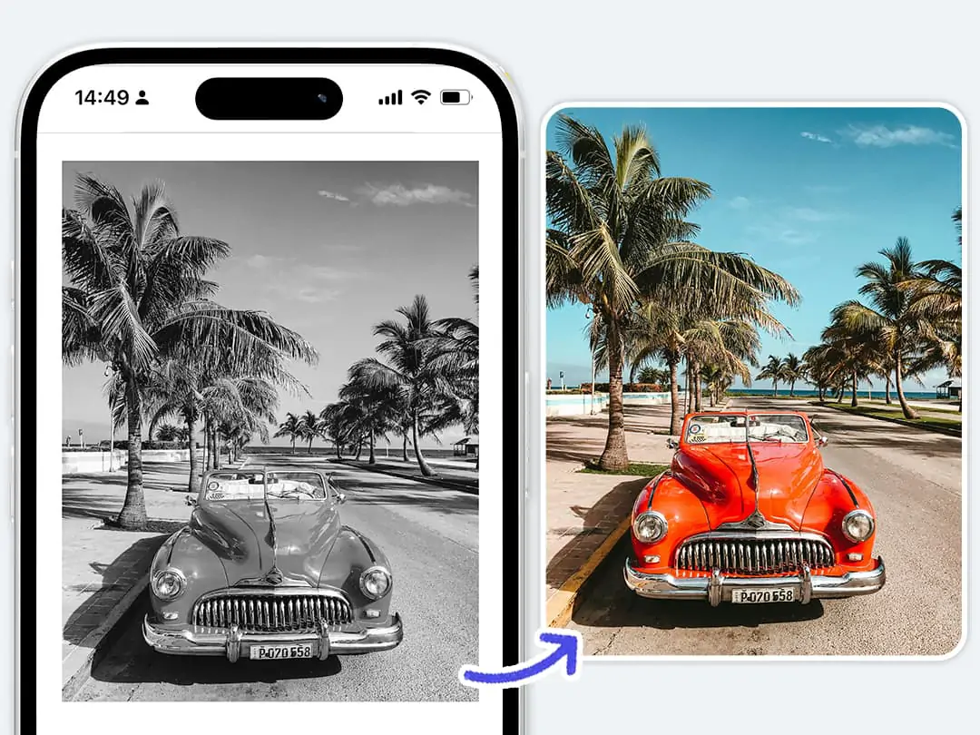 A variety of images, including illustrations, old photos, and documents, are enhanced and colorized by AI, displaying vivid colors and sharp details.