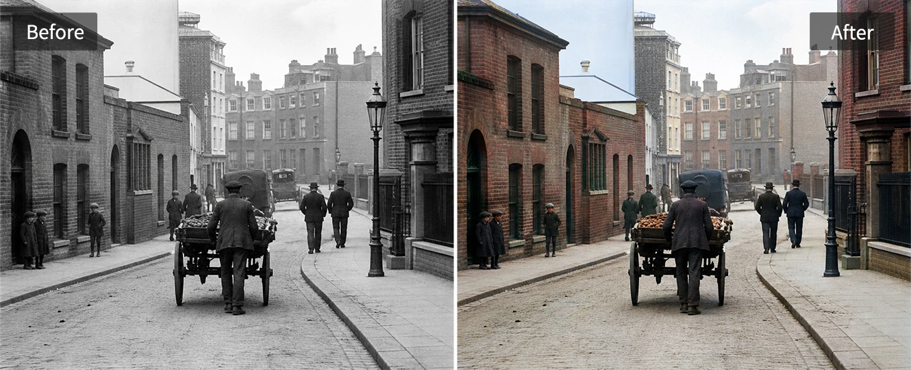 Photo de rue historique avec des couleurs réalistes et sobres