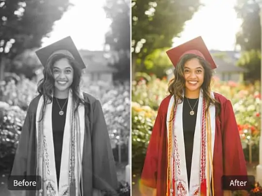 Graduation group photo before and after AI colorization, showing natural skin tones and vivid gown colors..