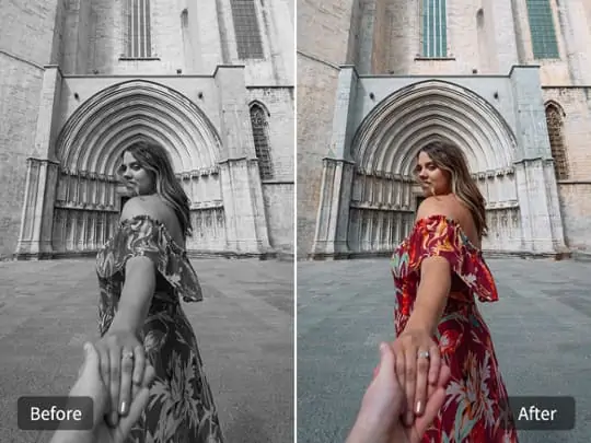 Travel photo before and after AI colorization, featuring vivid skies, lively landscapes, and enhanced details..