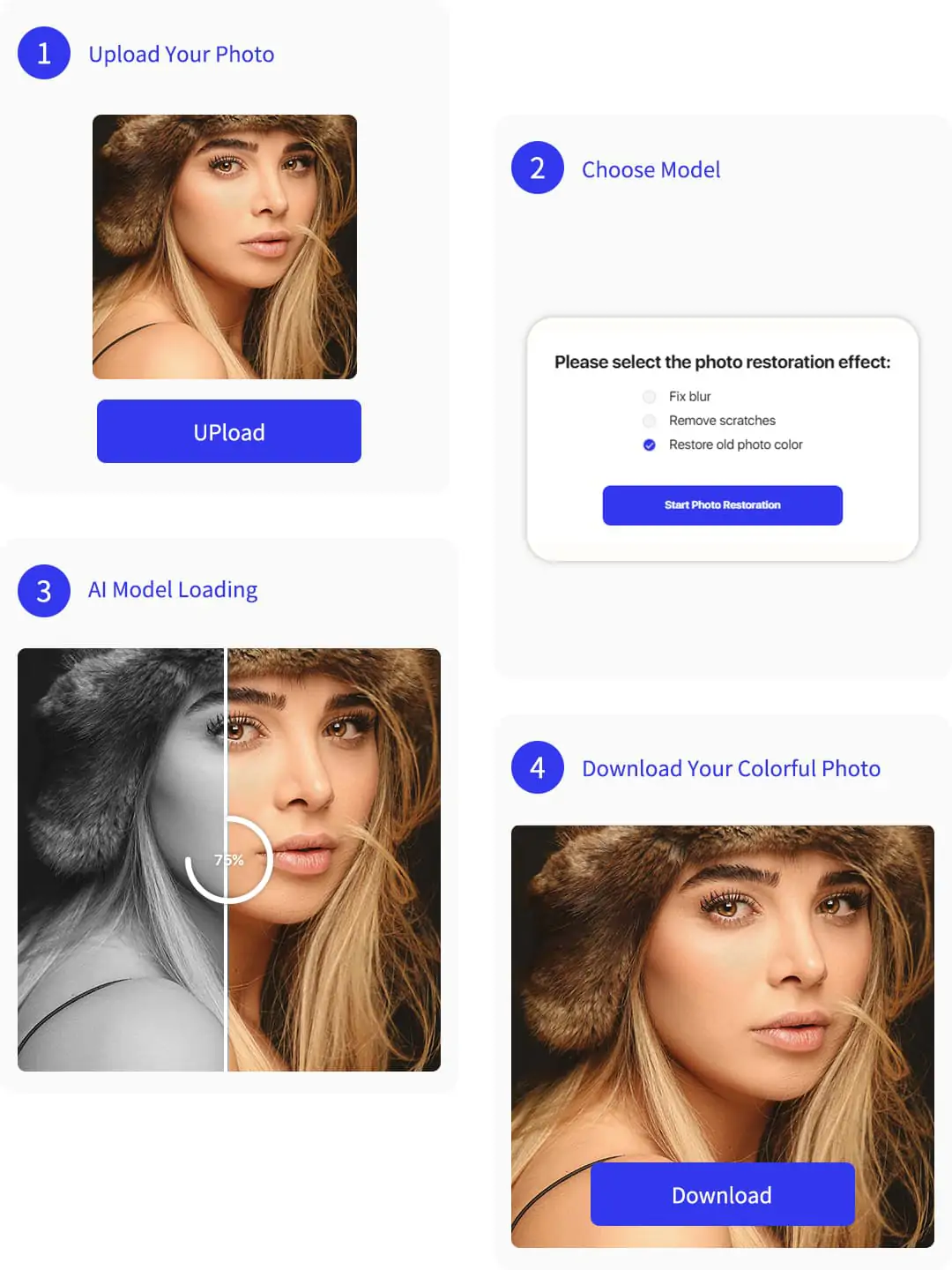 A four-step illustration: upload a black and white photo, select restoration mode, let AI colorize and enhance, then download the vivid restored image.