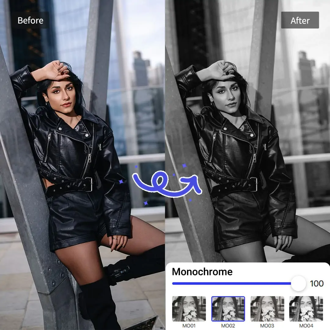 AI-powered tool converting a vibrant color photo of a woman into a stunning monochrome image