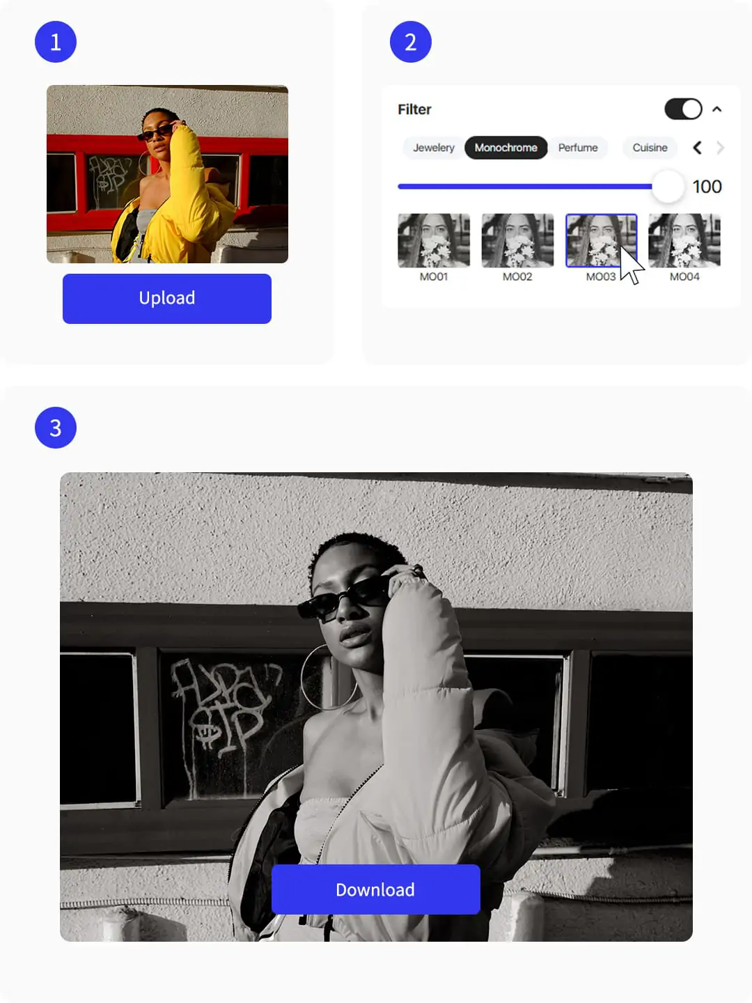 Step-by-step online tool interface for uploading, converting to monochrome, and downloading high-resolution black and white images