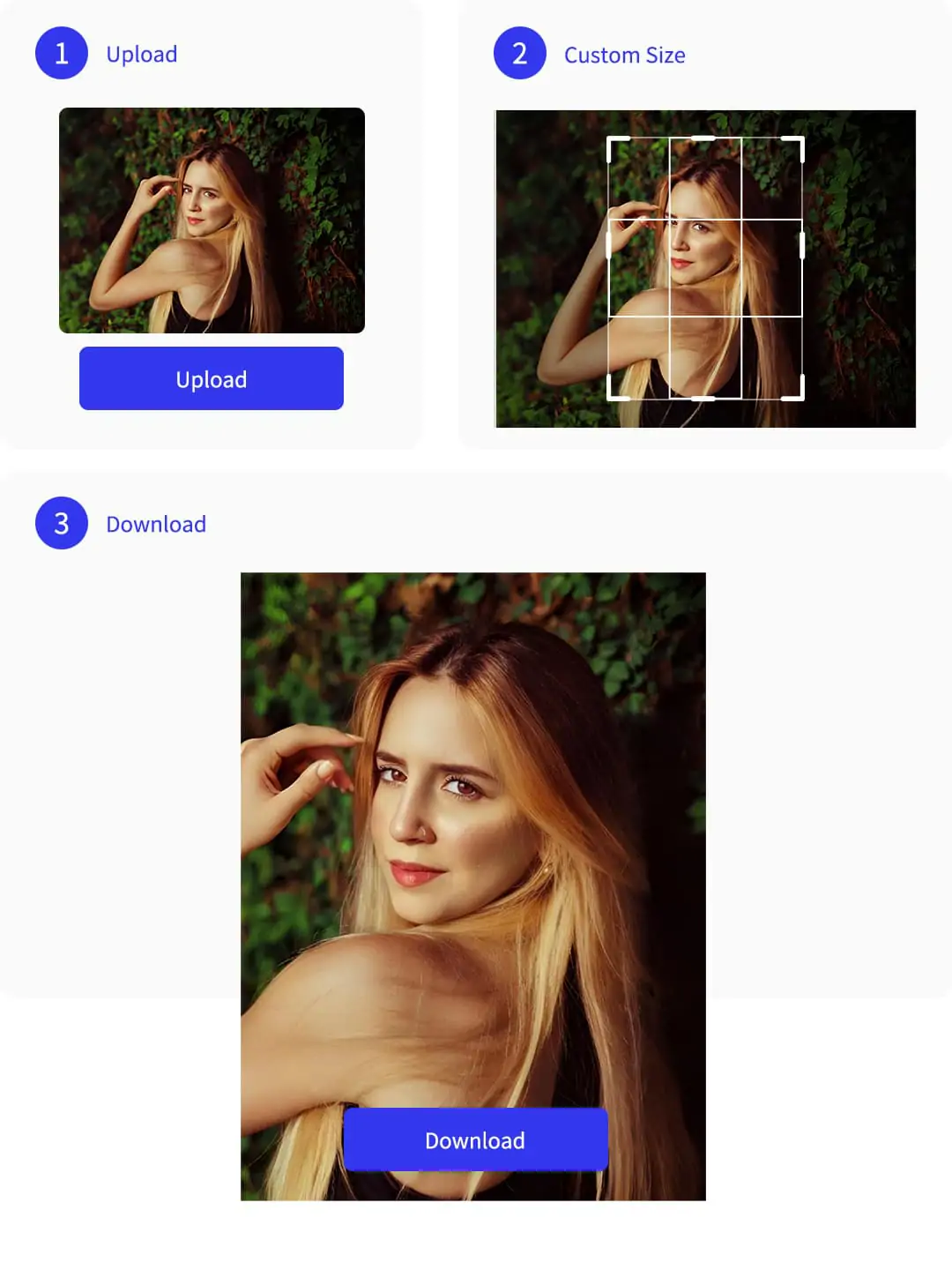 Three-step process for online image cropping: upload, select dimensions, download