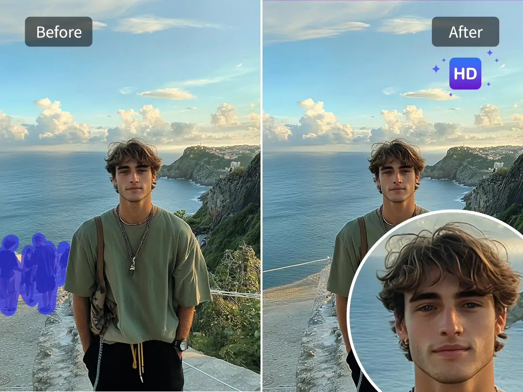 Crop people out of travel photos and enhance facial details