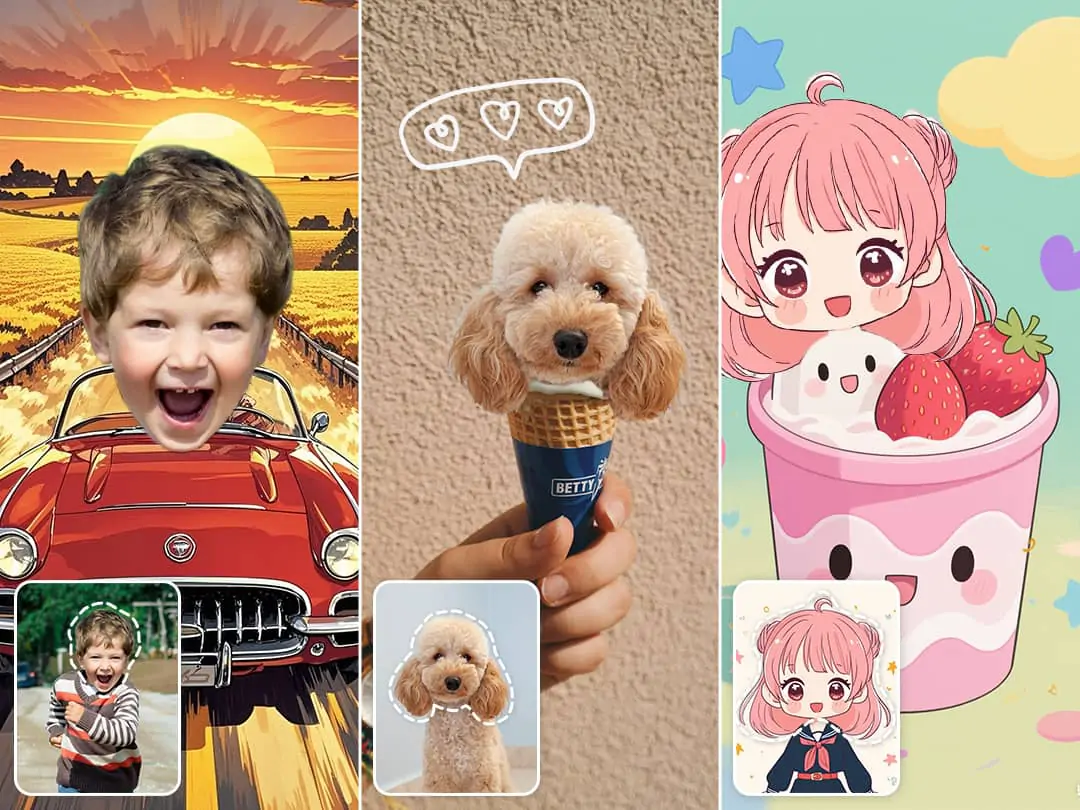 Buat foto kepala besar untuk orang, hewan, dan karakter animasi dengan stiker kreatif
