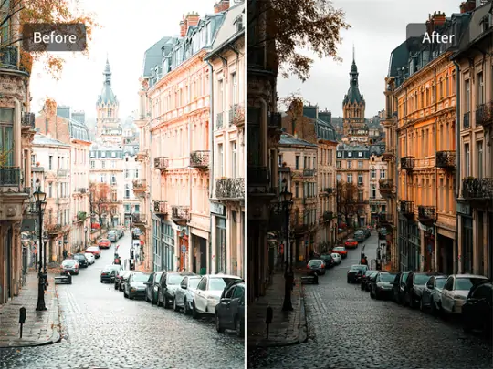 An overexposed city image has been darkened to appear more natural.