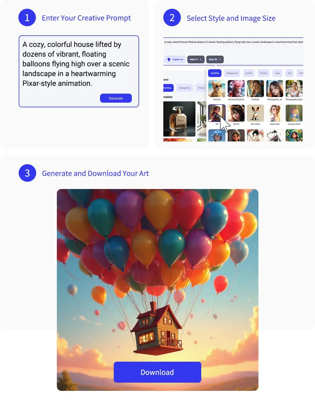 Pixar style cartoon creation steps from prompt to image with Pokecut