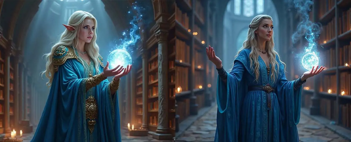 Elegant high elf sorceress casting arcane magic in blue robes by Pokecut's DnD AI art generator