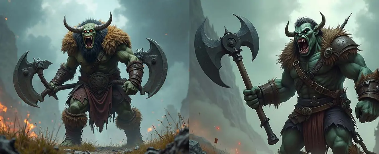 Fierce orc barbarian wielding a massive battle axe on battlefield by Pokecut's DnD AI art generator