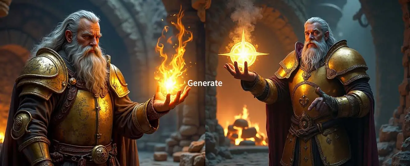 Wise dwarven cleric in golden armor holding a glowing holy symbol with DnD AI art generator