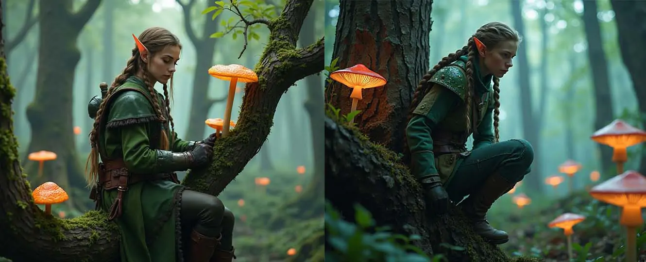 Stealthy wood elf ranger perched in enchanted forest with camo armor with DnD AI art generator