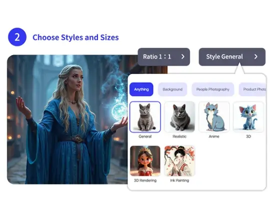 Choose sizes and styles of photo when generating in DnD AI Art Generator.