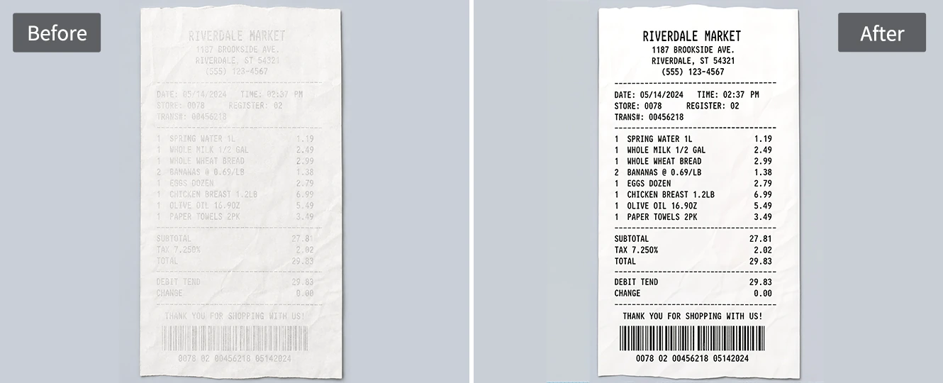 Restore faded receipt numbers and barcode lines