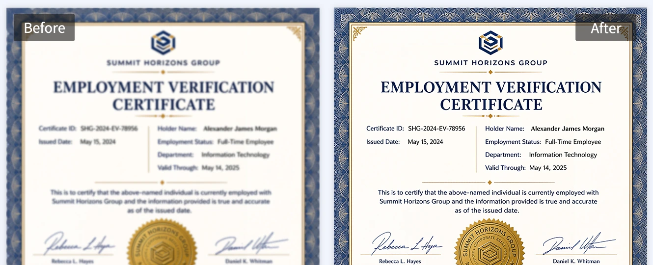 Sharpen certificate text for online verification