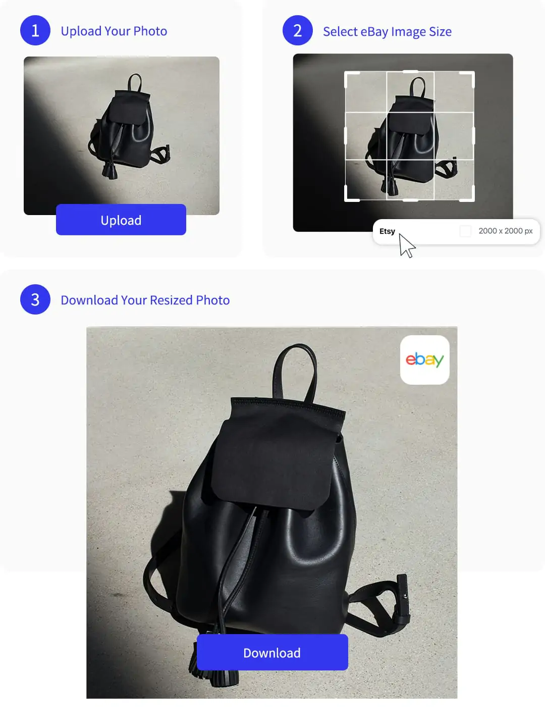 Three-step process: upload photo, select eBay image size, and download optimized product image for eBay listing.