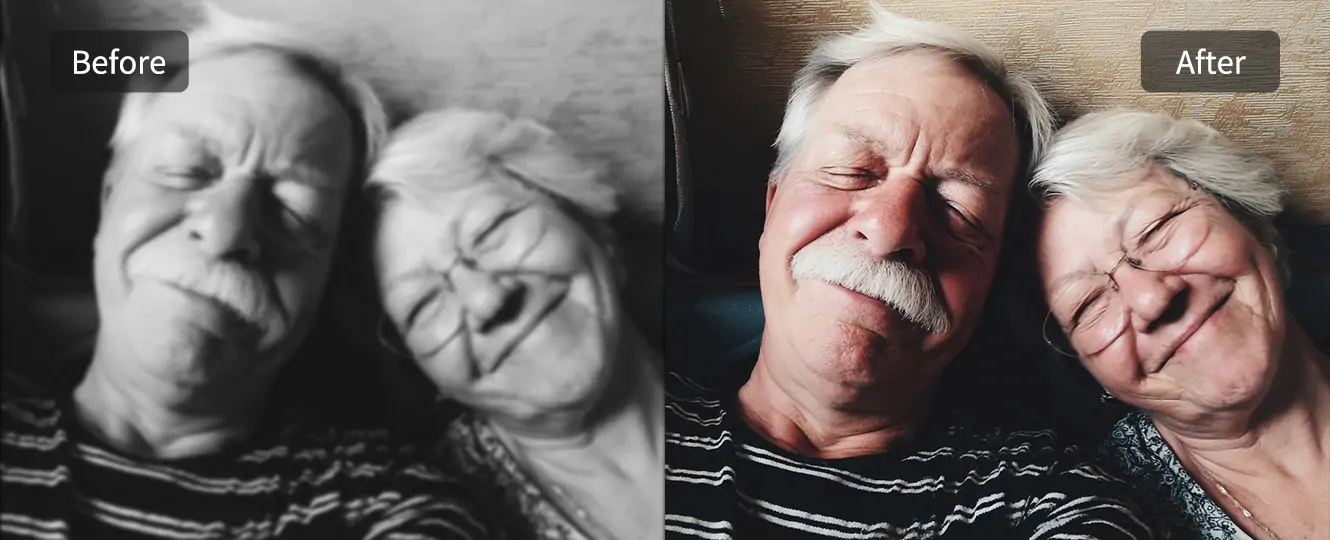 Use AI face enhancer to enhance old photos of an old couple