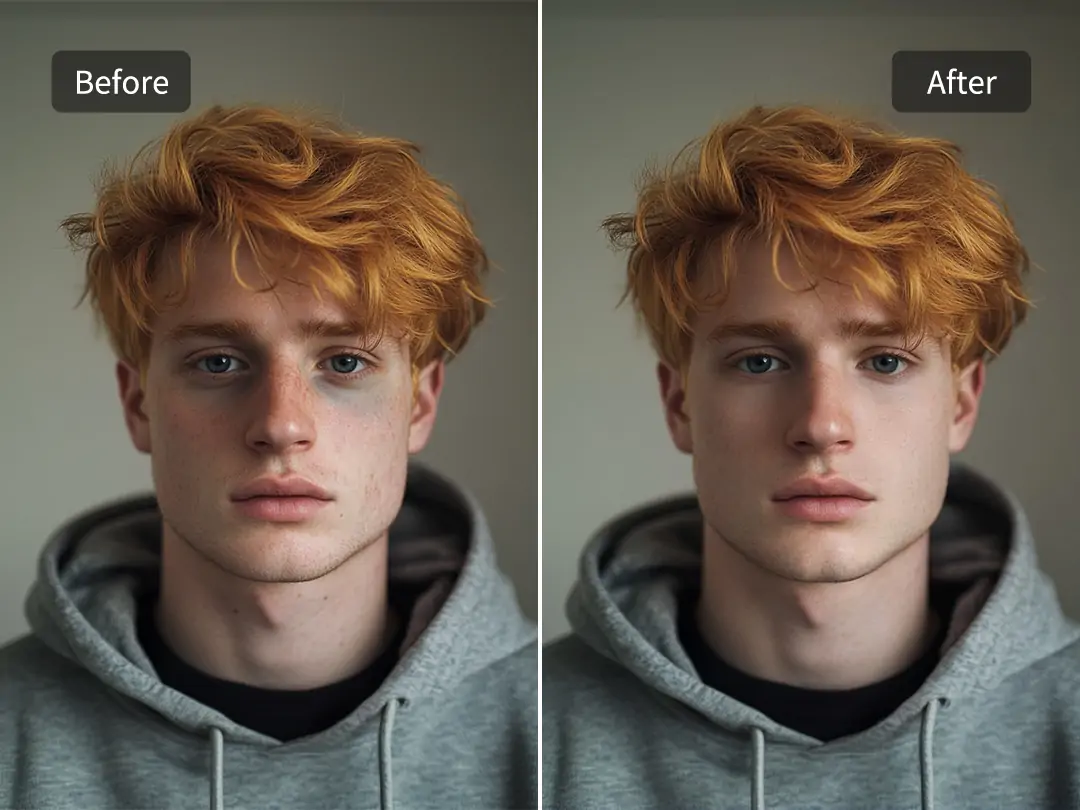 Face retouching before and after on dark circle removal.