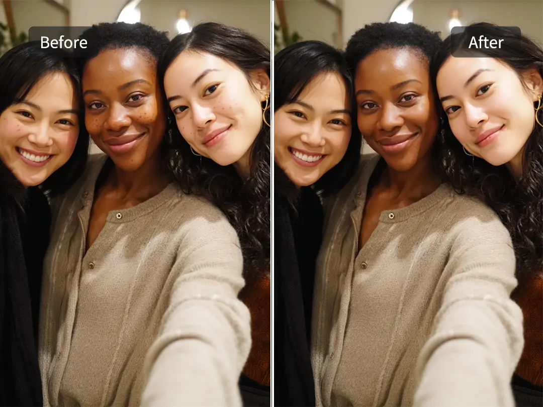 Face smoothing before and after on diverse skin tones