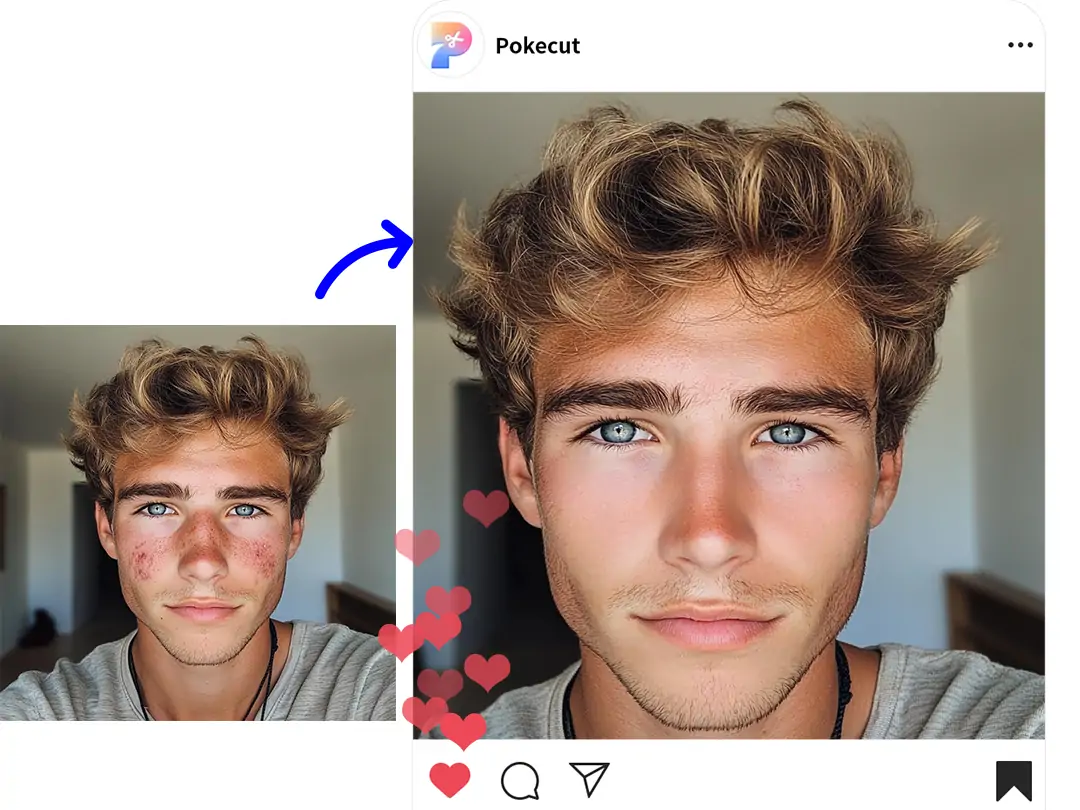Use Pokecut's free face smoother for selfies, showing increased likes on social media