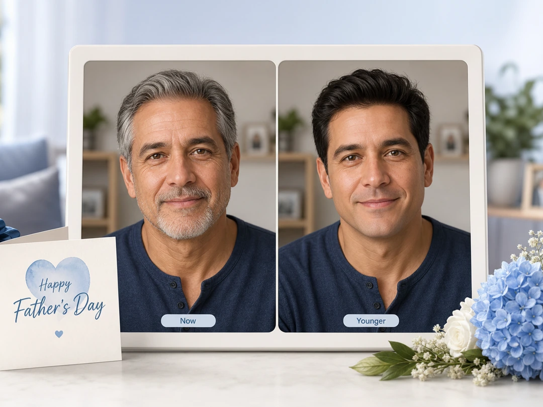 Show Dad with a natural younger look using AI
