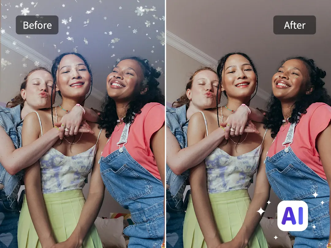 AI entfernt Filter von einem Selfie vieler Mädchen