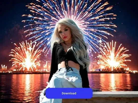 Three-step visual of AI uploading, removing background, and generating fireworks background for a photo.