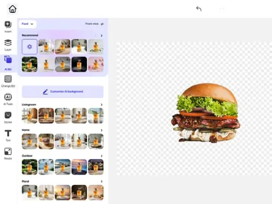 Food image with transparent background and multiple AI-generated food background design variations.