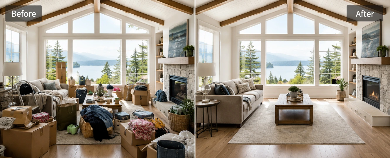 Remove furniture clutter from a room listing photo