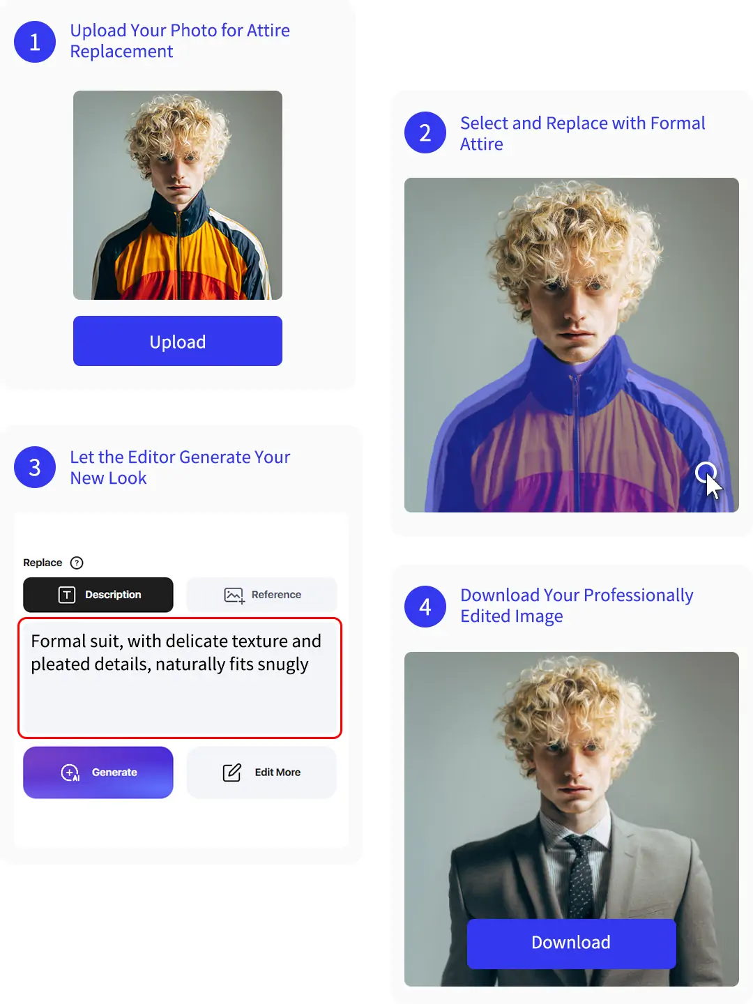 The process of formal attire editor transforming portraits of everyday wear into formal wear