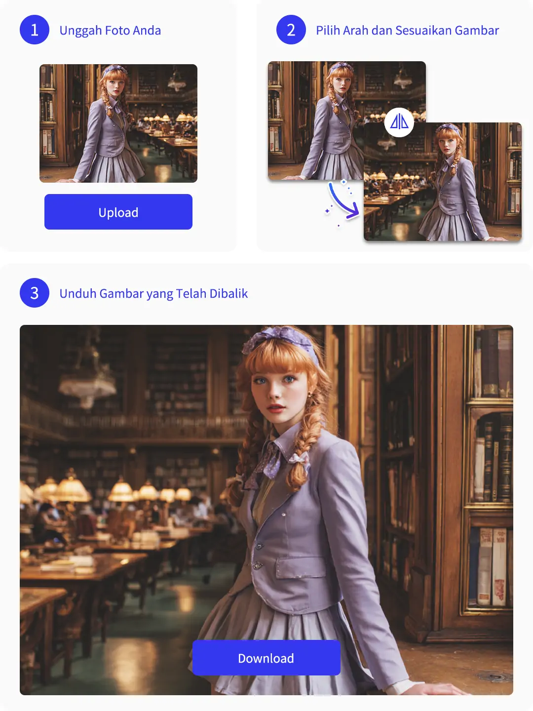 Proses edit di Pokecut dari unggah foto pilih arah membalik hingga unduh gambar hasil akhir