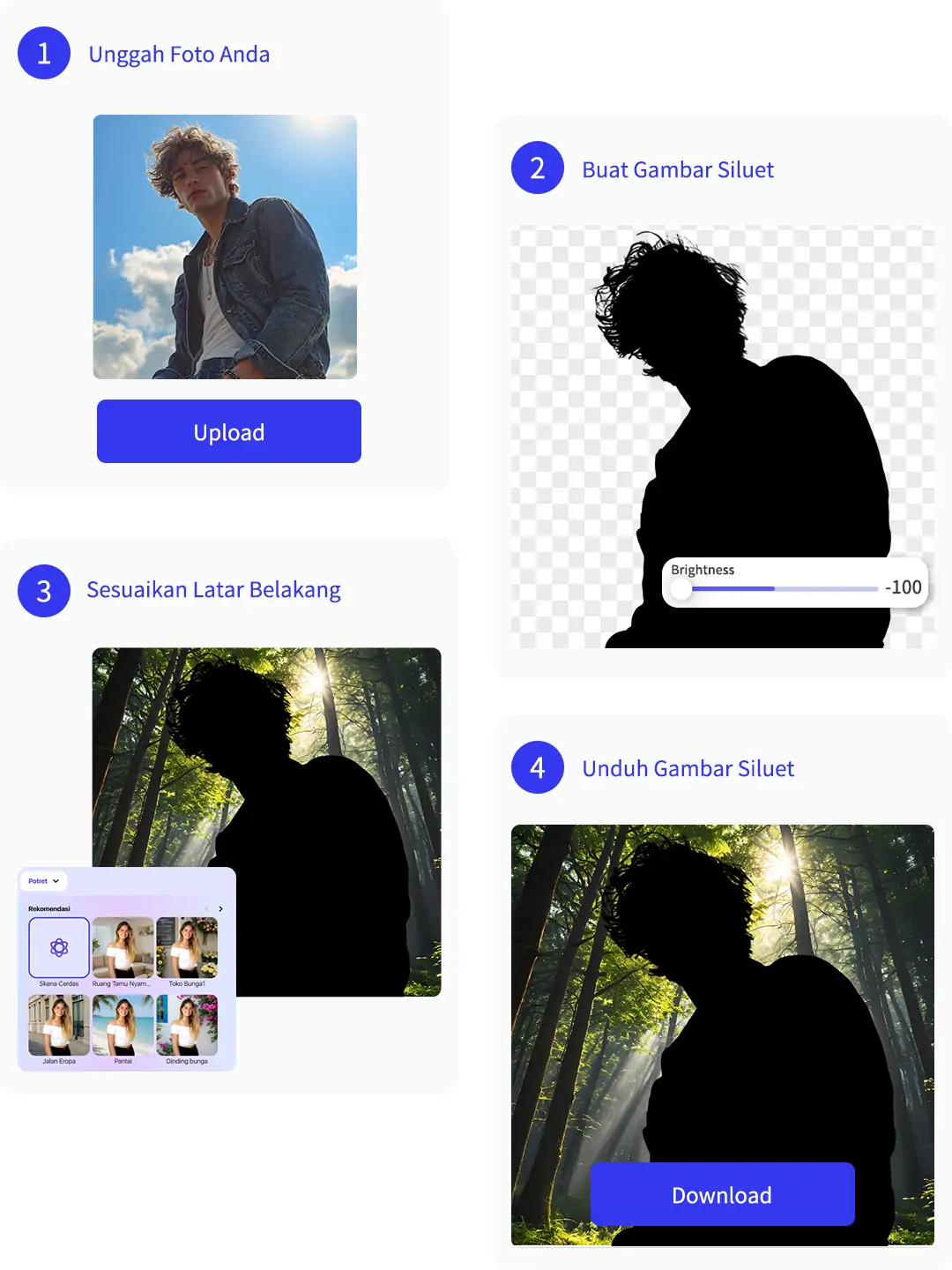 Langkah-langkah menggunakan Pokecut dari mengunggah foto hingga mengunduh gambar siluet dengan latar belakang yang disesuaikan