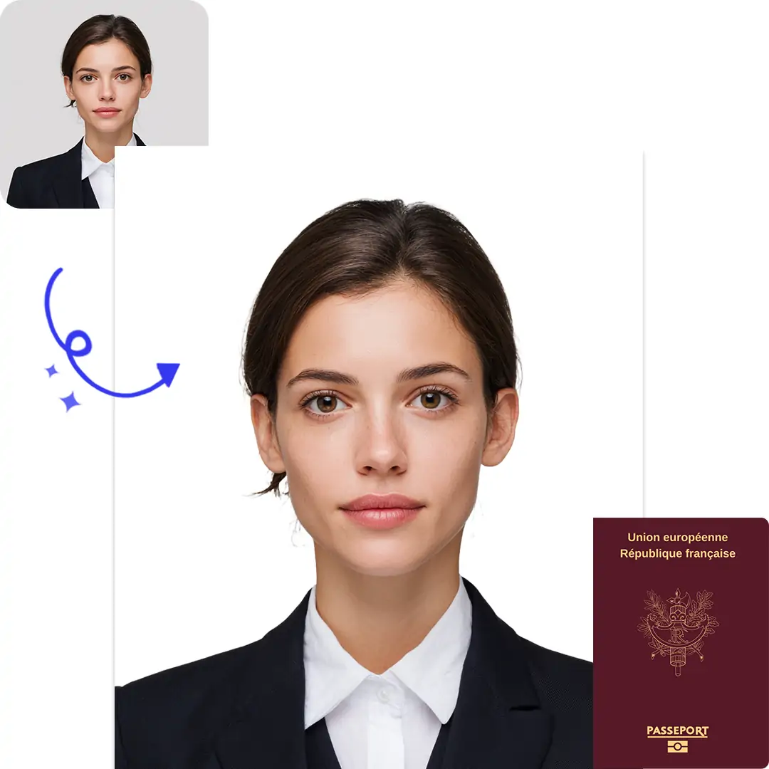 AI transforms a portrait into a compliant French passport photo with correct size and background.