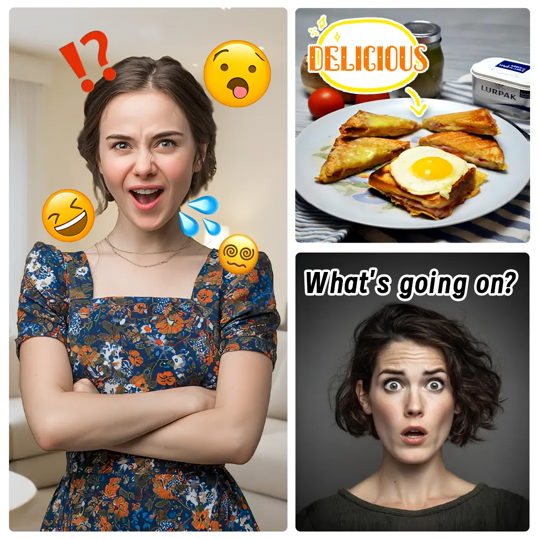 A portrait photo decorated with funny stickers, cartoon speech bubbles, and colorful text effects.