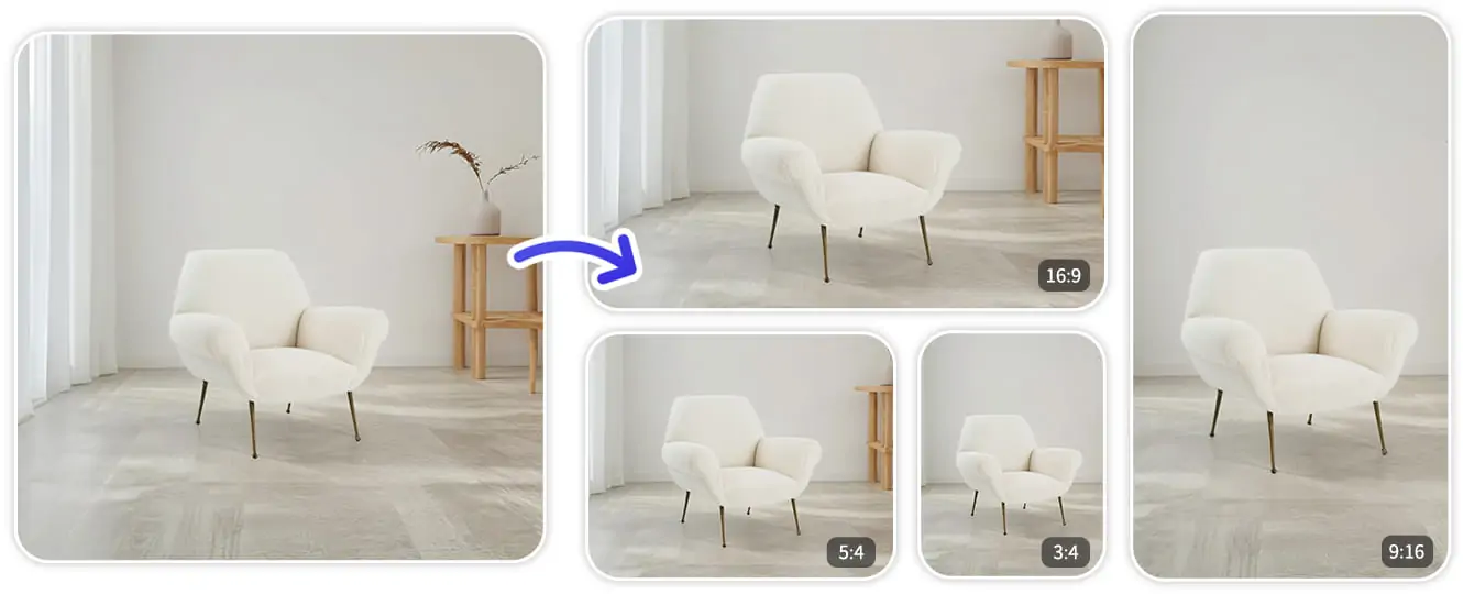 Furniture images in various sizes and backgrounds, showing size adjustment for ecommerce platforms.