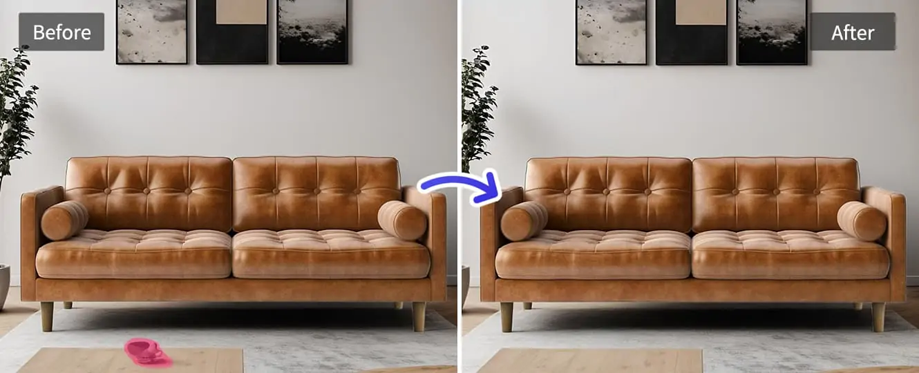 Furniture image before and after object removal, focusing on the main product with a clean background.
