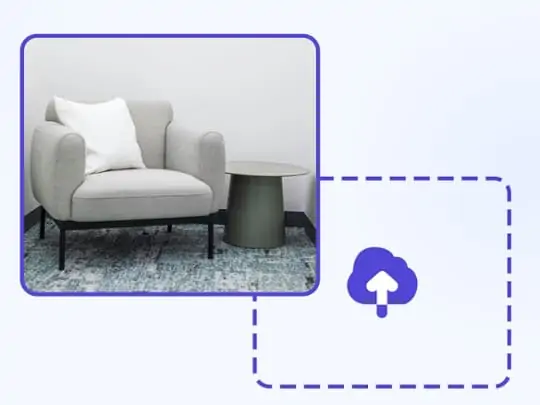 Three-step process showing furniture image upload, background removal, and AI-generated new background integration..