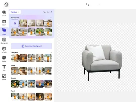 Step-by-step illustration of furniture photo upload, AI background removal, and realistic new background creation..